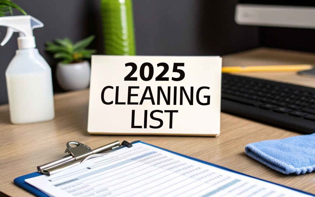 The definitive cleaning list for office facilities. Discover daily, weekly, and monthly tasks to maintain a pristine, healthy workspace and boost productivity.