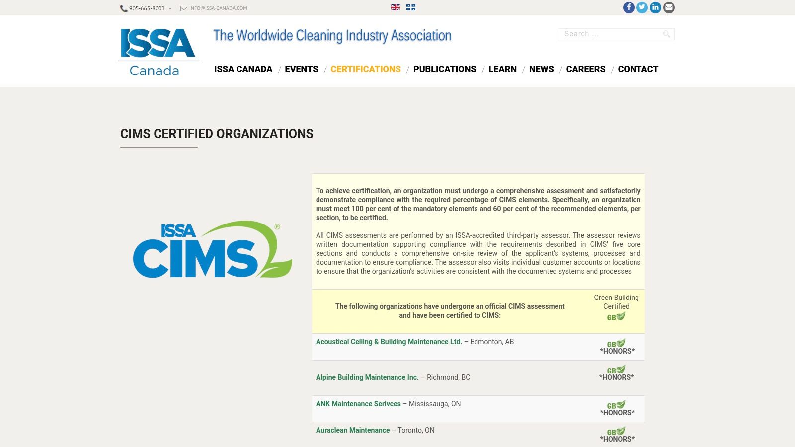 ISSA Canada – CIMS Certified Organizations Directory homepage showing the search and filter options.