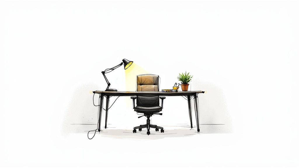 A team member smiling while wiping down a clean office desk with a disinfectant.