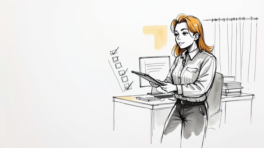 A professional cleaner using a dedicated smartphone app to manage tasks, symbolizing technology-driven service.