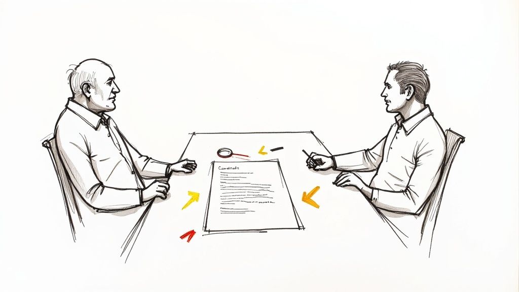 Two professionals shaking hands over a desk after negotiating a commercial cleaning contract.