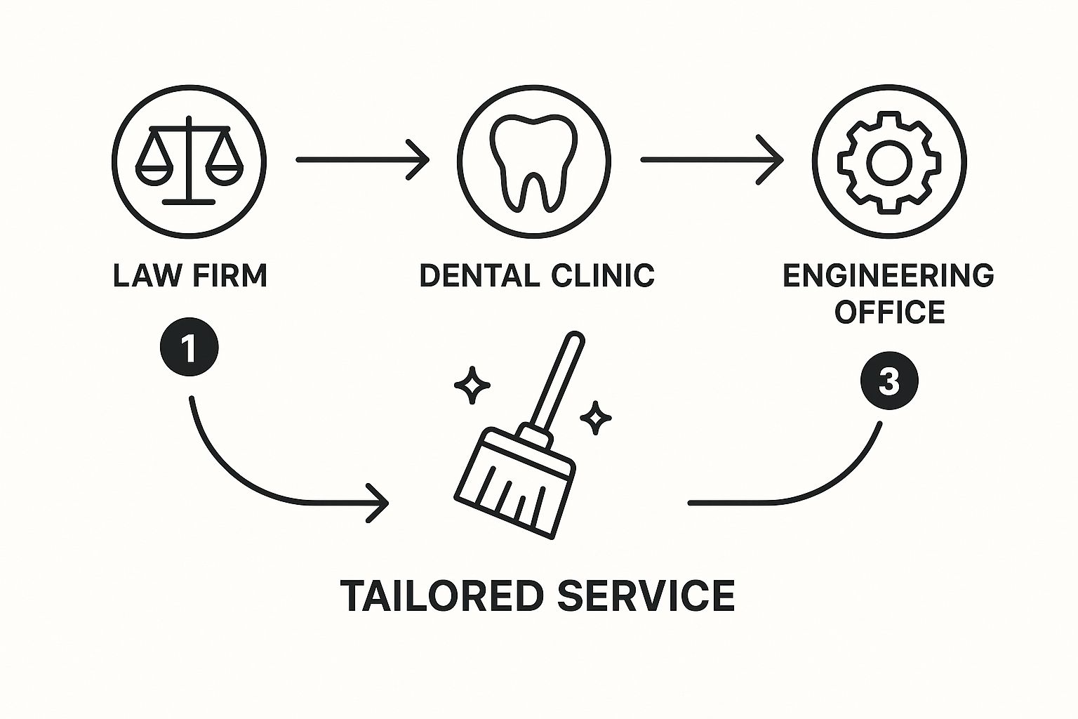 Infographic illustrating how cleaning services are tailored for law firms, dental clinics, and engineering offices.