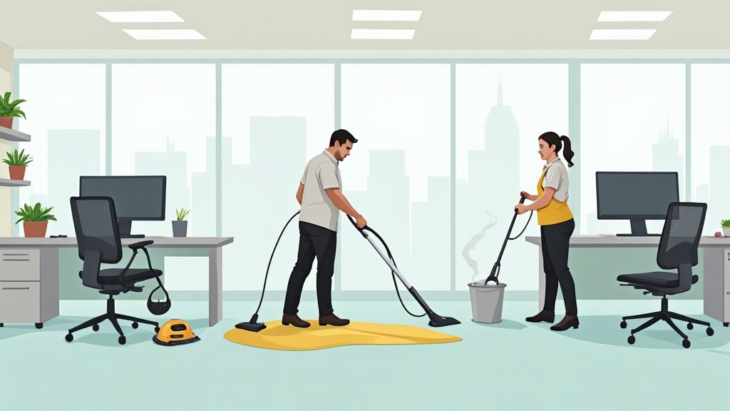 A clean, modern office space with gleaming floors and organized desks.