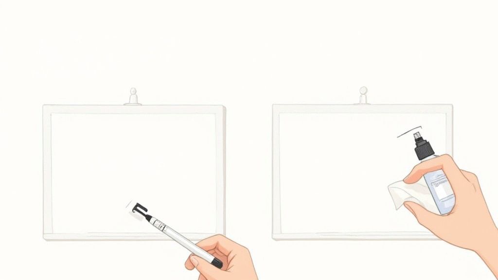 A close-up shot of a hand using a white cloth to wipe away a stubborn marker stain from a whiteboard, illustrating a cleaning challenge.