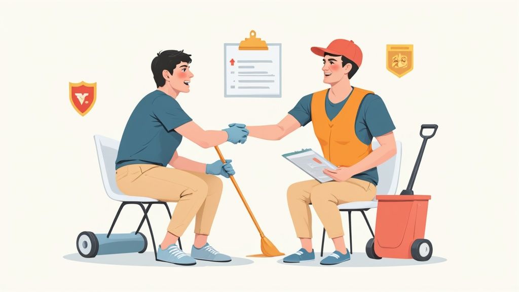 A team of professional cleaners in uniform stand confidently with their equipment in a newly constructed, clean office space.