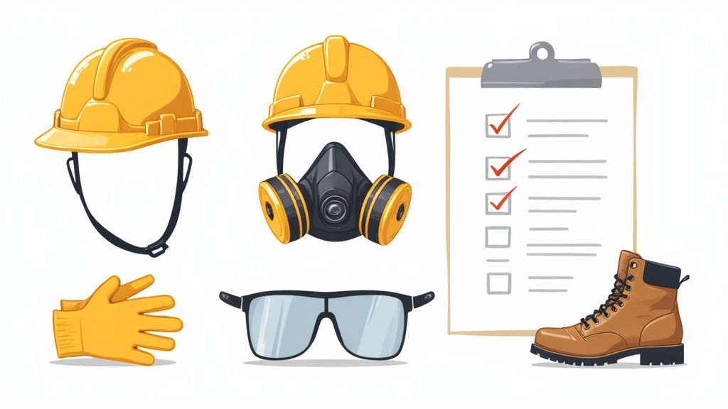 A professional cleaner wearing a hard hat, safety glasses, and high-visibility vest inspects a newly constructed area.
