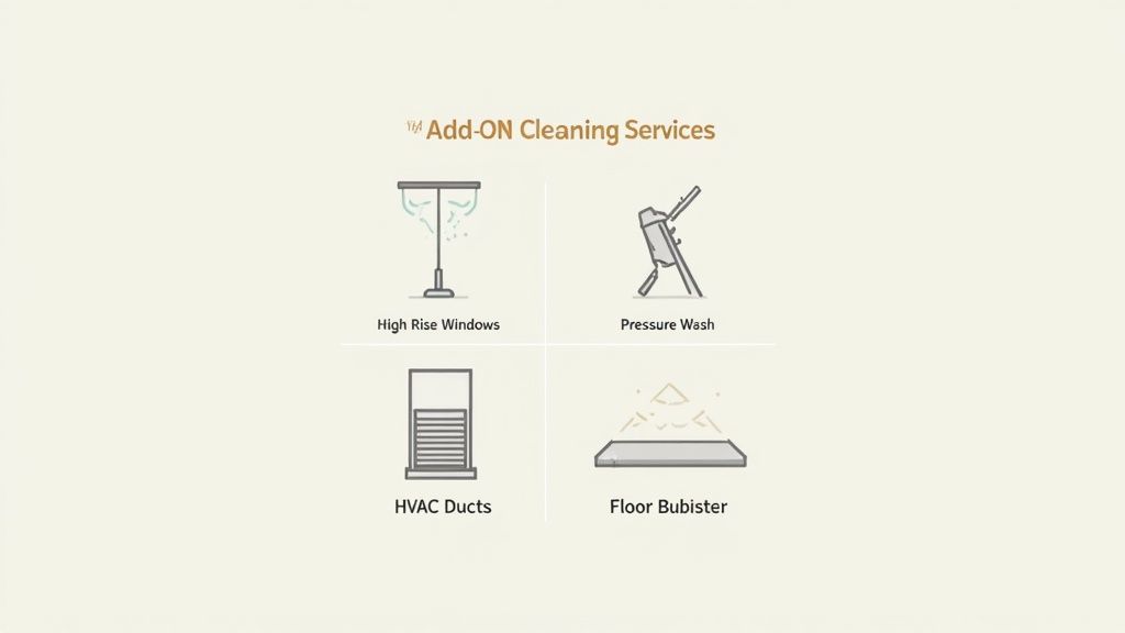 A professional cleaner using a high-pressure washer to clean the exterior of a modern commercial building.