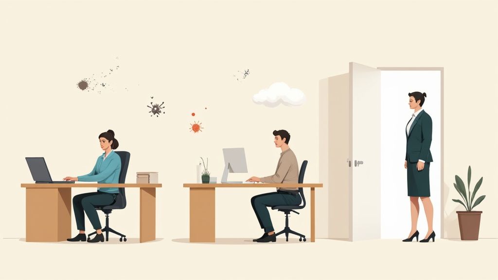 A modern, clean office interior with plants, showcasing a healthy indoor environment.