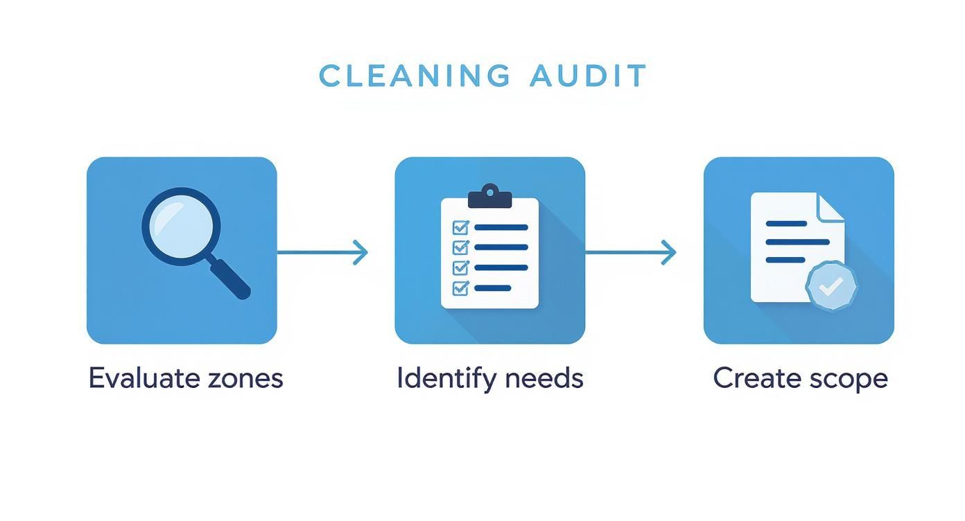 Process flow infographic for conducting a restaurant cleaning audit, showing steps to Evaluate Zones, Identify Needs, and Create Scope.