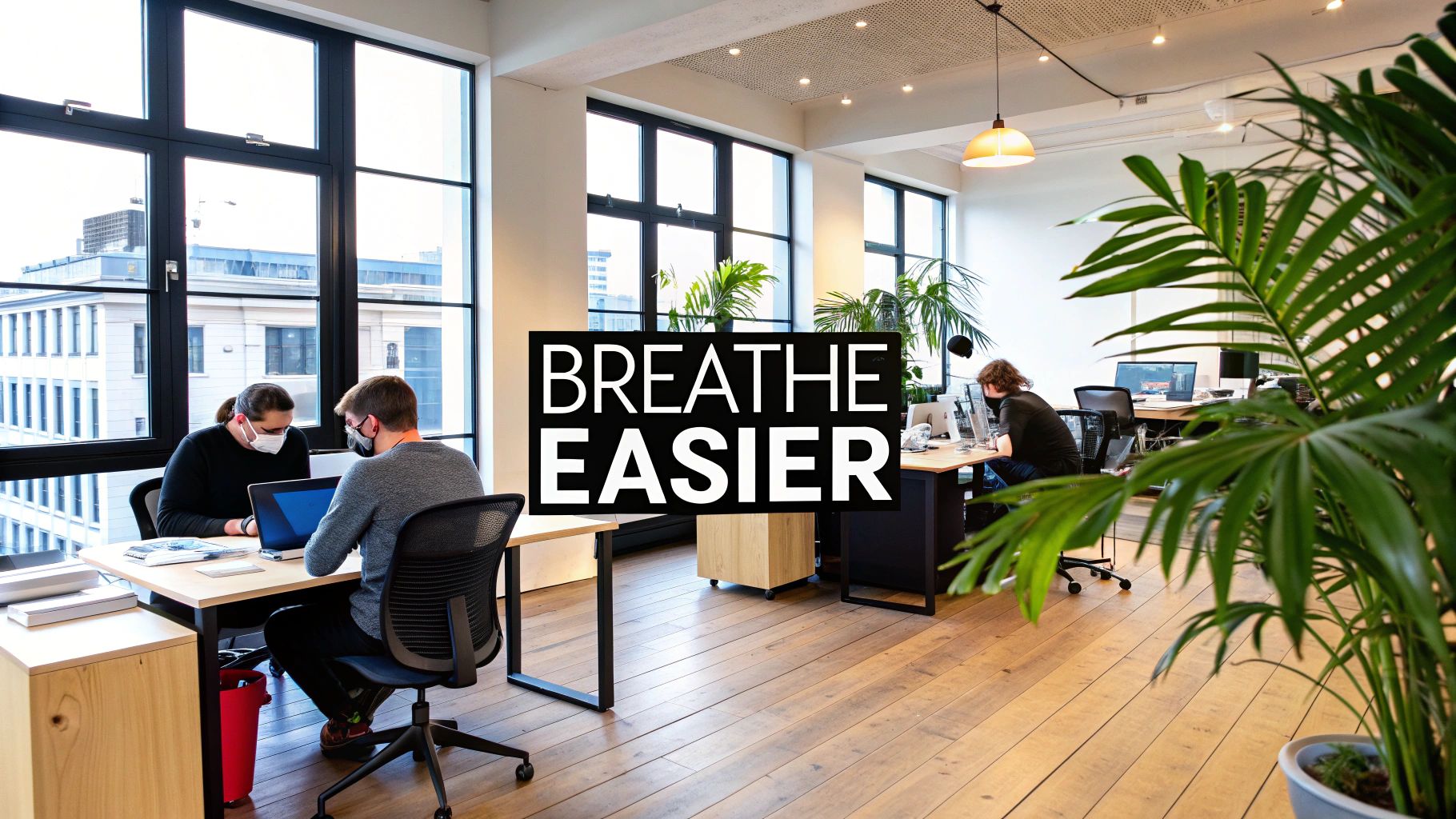 A team member smiling in a bright, clean office, showing the positive effects of a healthy workspace