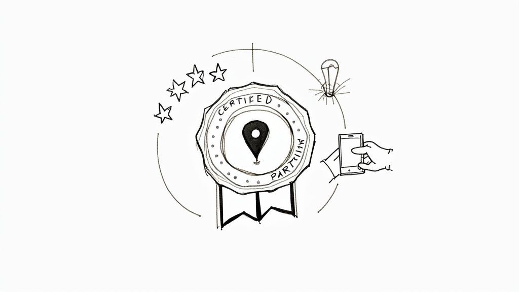 Hand-drawn sketch of a 'CERTIFIED PARTNER' badge with location pin, surrounded by stars, lightbulb, and smartphone.