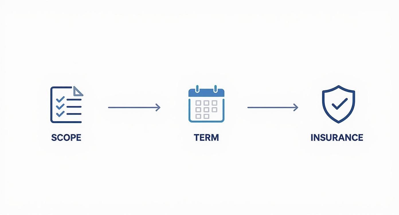 Process diagram illustrating scope, term, and insurance steps with corresponding icons and arrows.