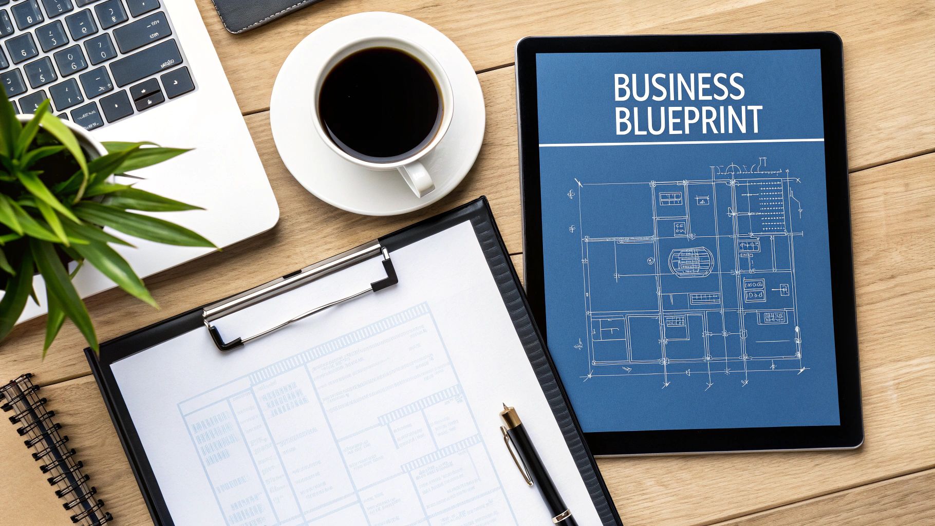 Overhead view of a desk with a laptop, coffee, plant, clipboard, pen, and a tablet displaying a 'BUSINESS BLUEPRINT' with a floor plan.