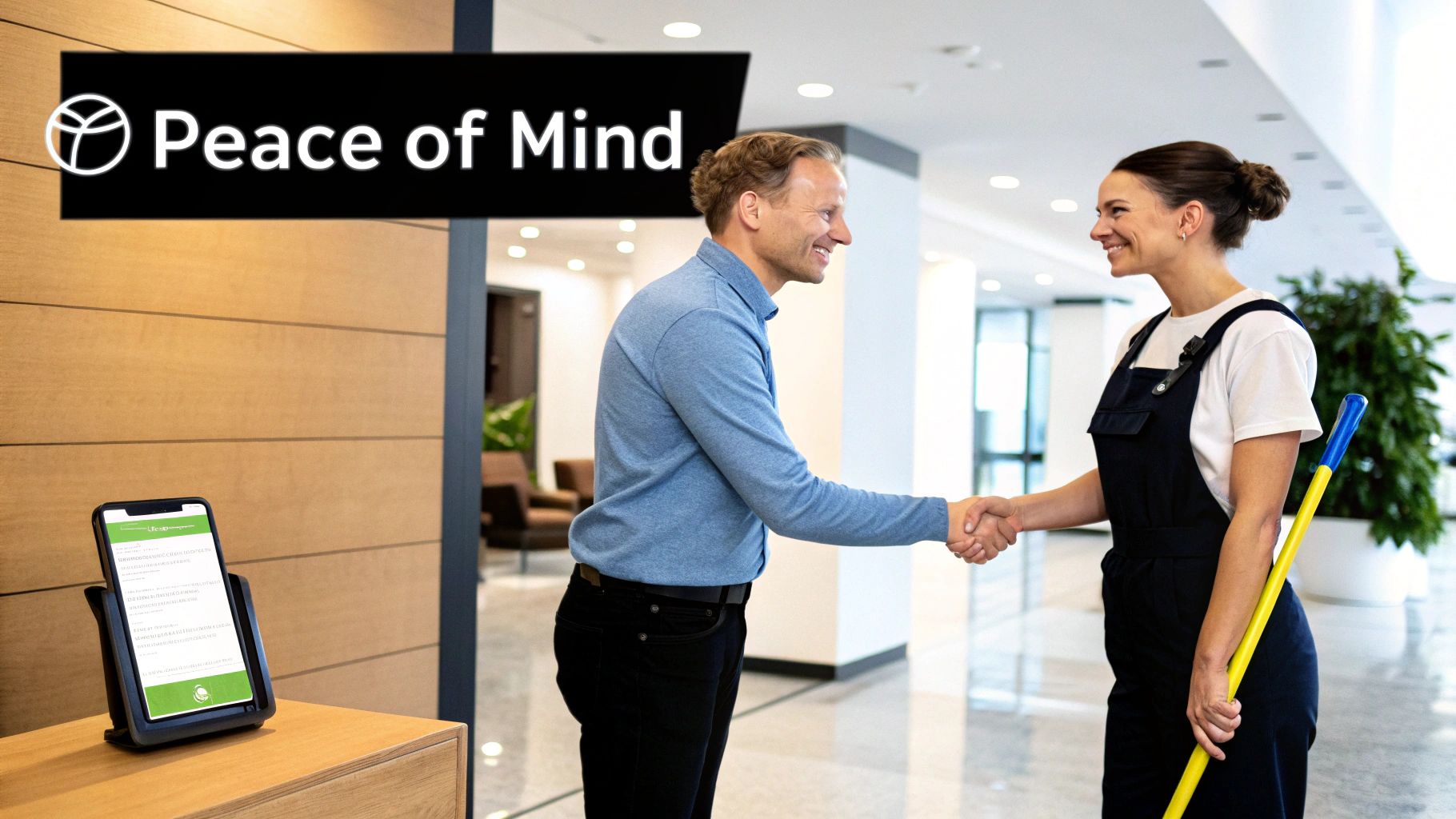 A professional man shakes hands with a smiling cleaner in a modern office environment.