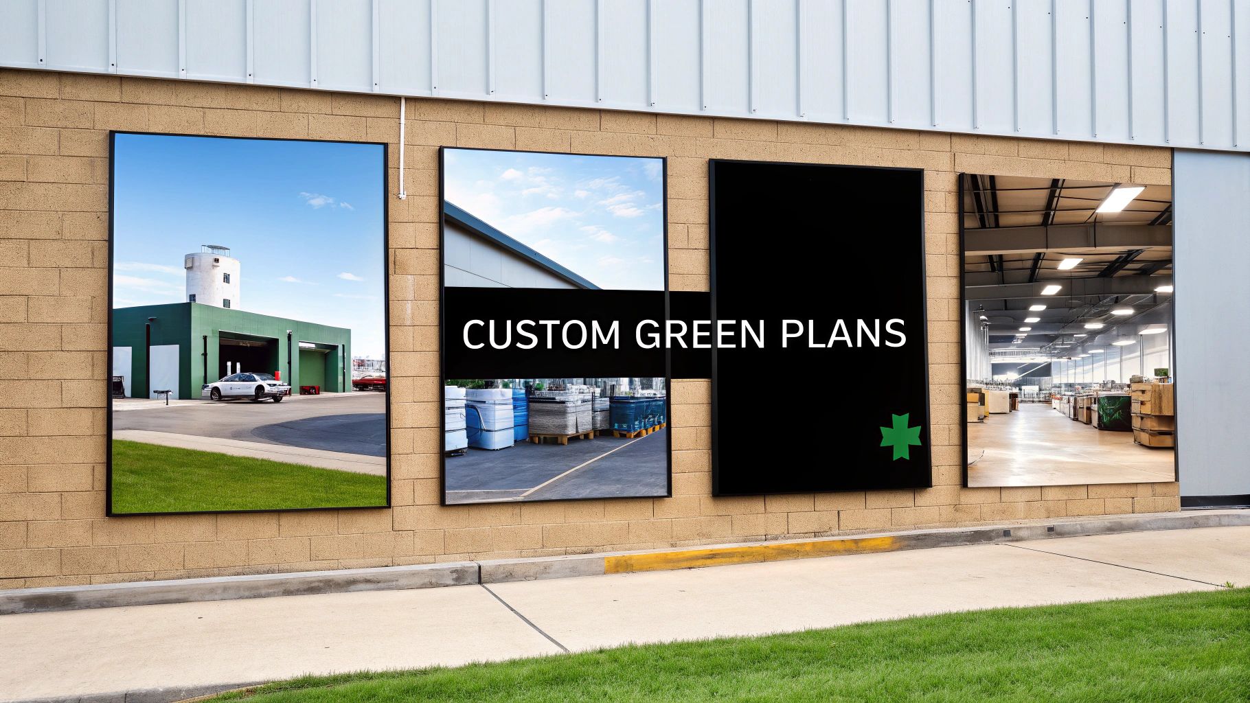 Four large outdoor displays on a brick wall advertising custom green plans and a facility.