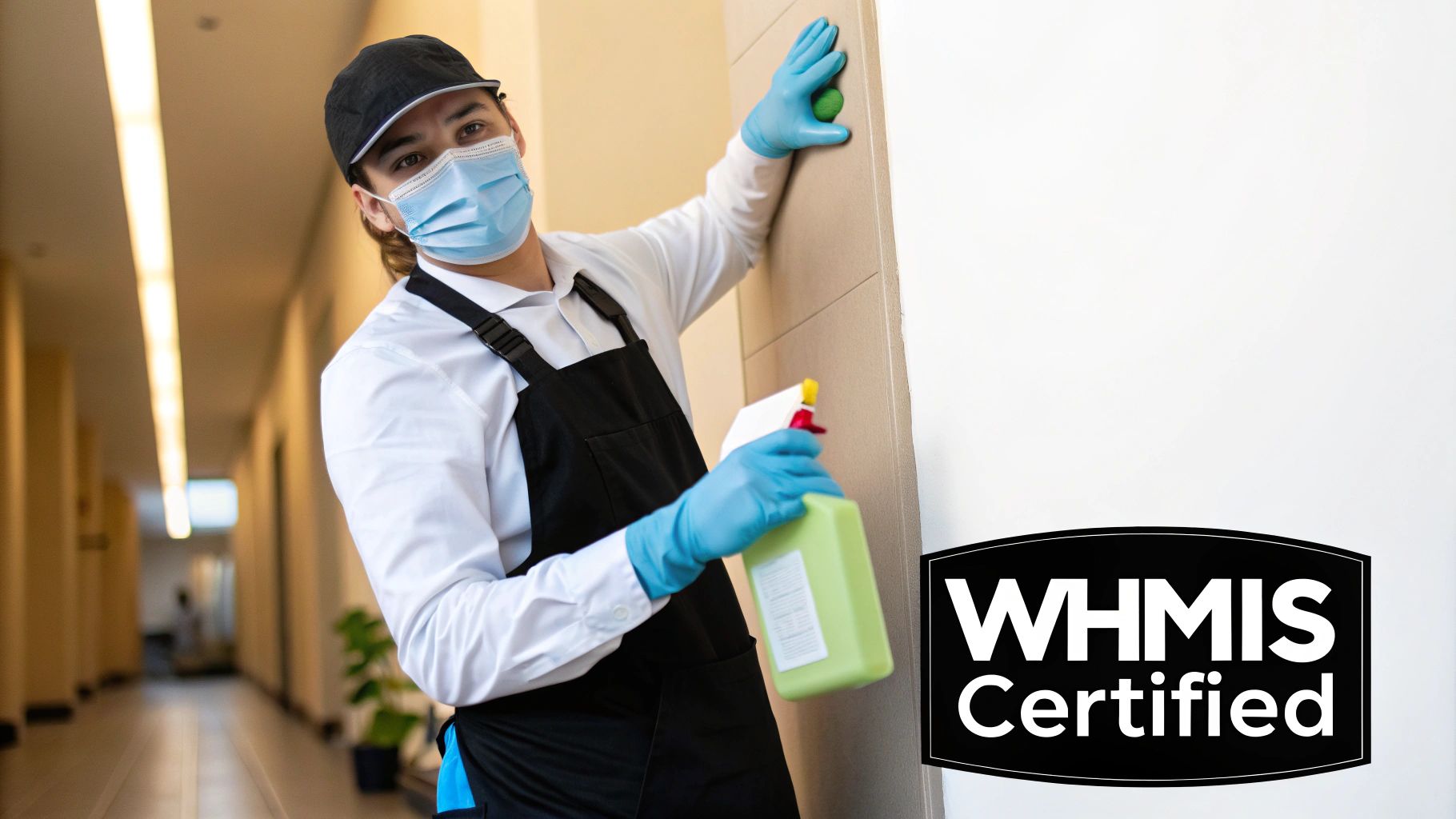 A WHMIS certified cleaner wearing a mask and gloves sanitizes a surface with a spray bottle.