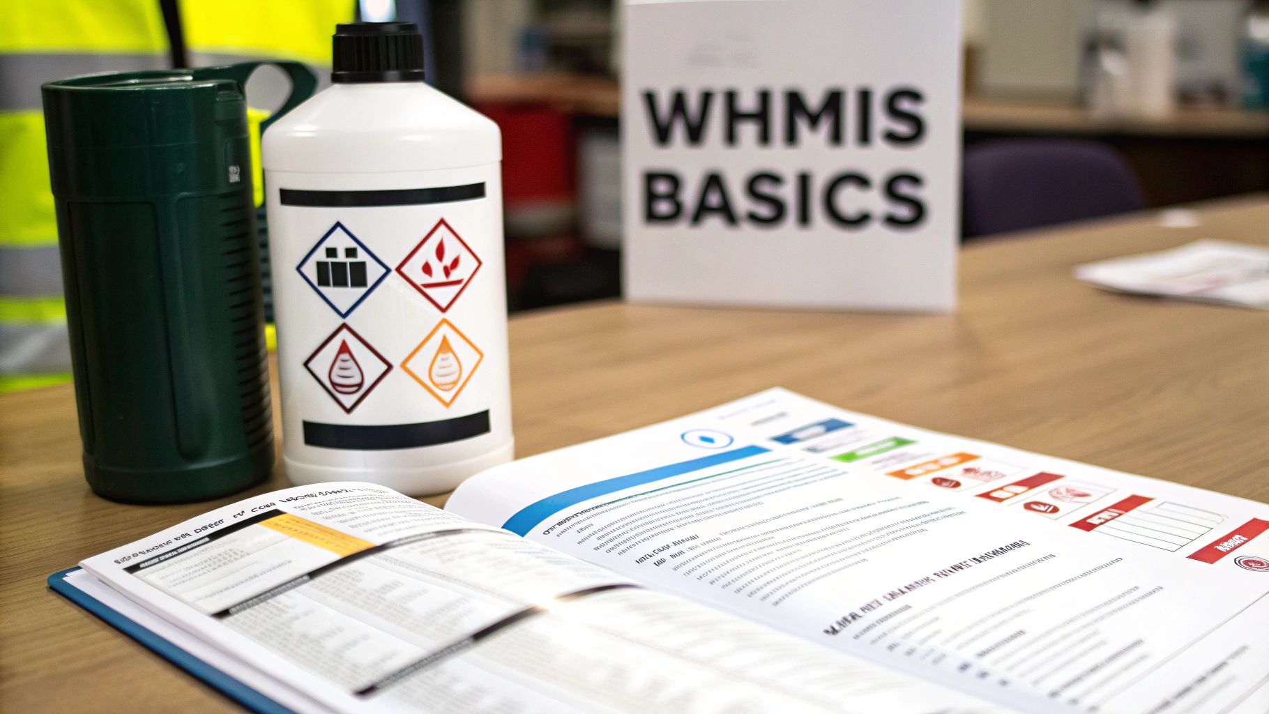 A classroom setup for WHMIS training with chemical safety symbols, a bottle, and educational materials.