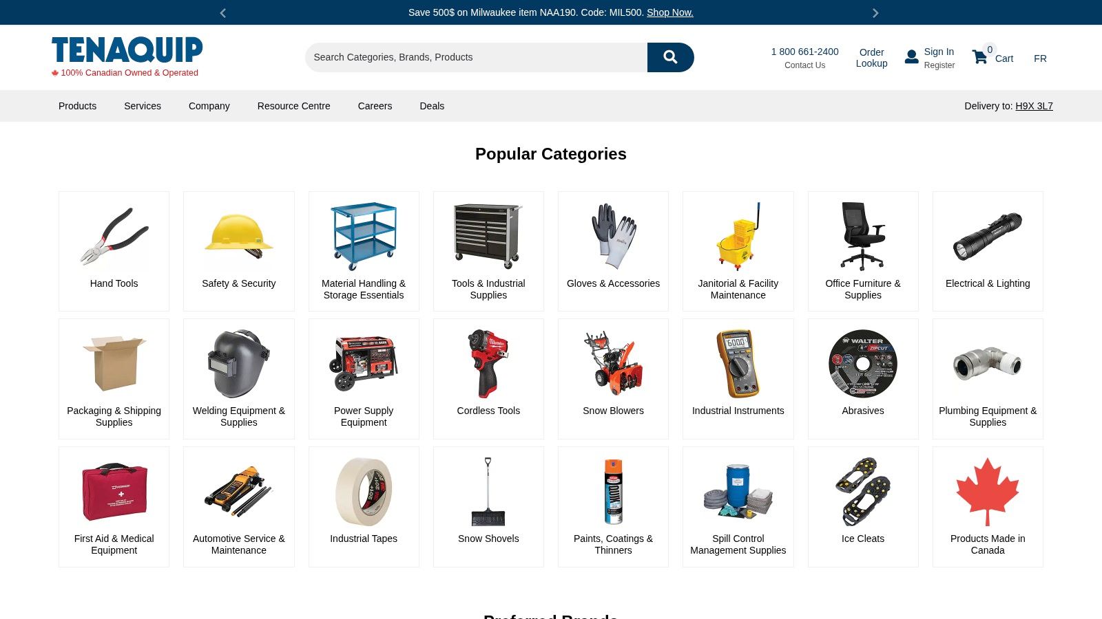 Product categories, including janitorial supplies, are clearly displayed on the TENAQUIP website.