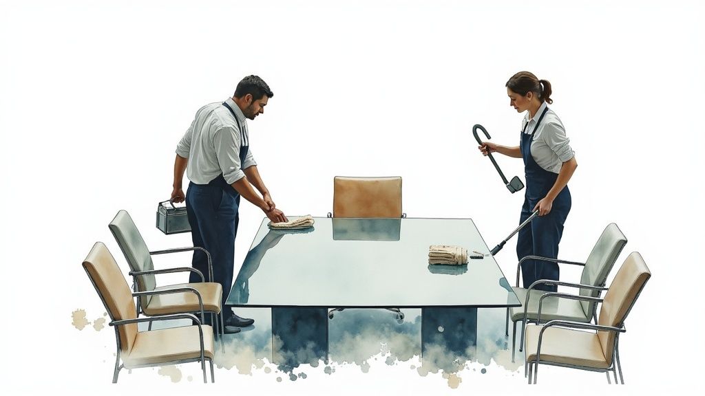 Two professional cleaners, a man and a woman, meticulously clean a modern conference room with a glass table.
