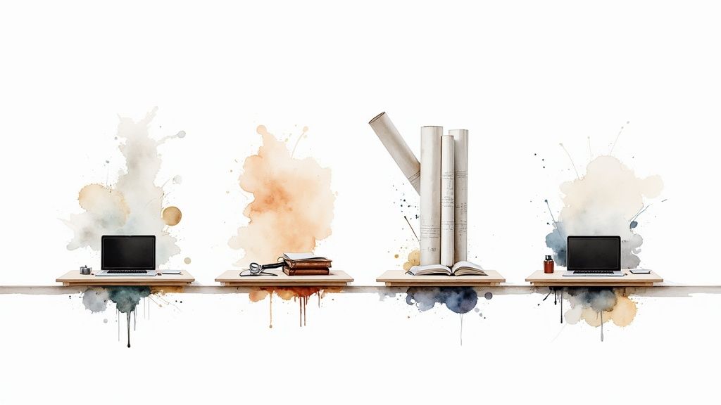 Four minimalist desks with laptops, books, and papers against a white background with artistic watercolor splatters.