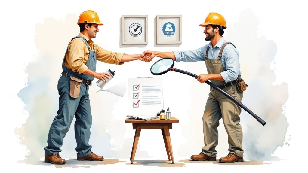 Two construction workers in hard hats shake hands over a checklist, symbolizing agreement or inspection.
