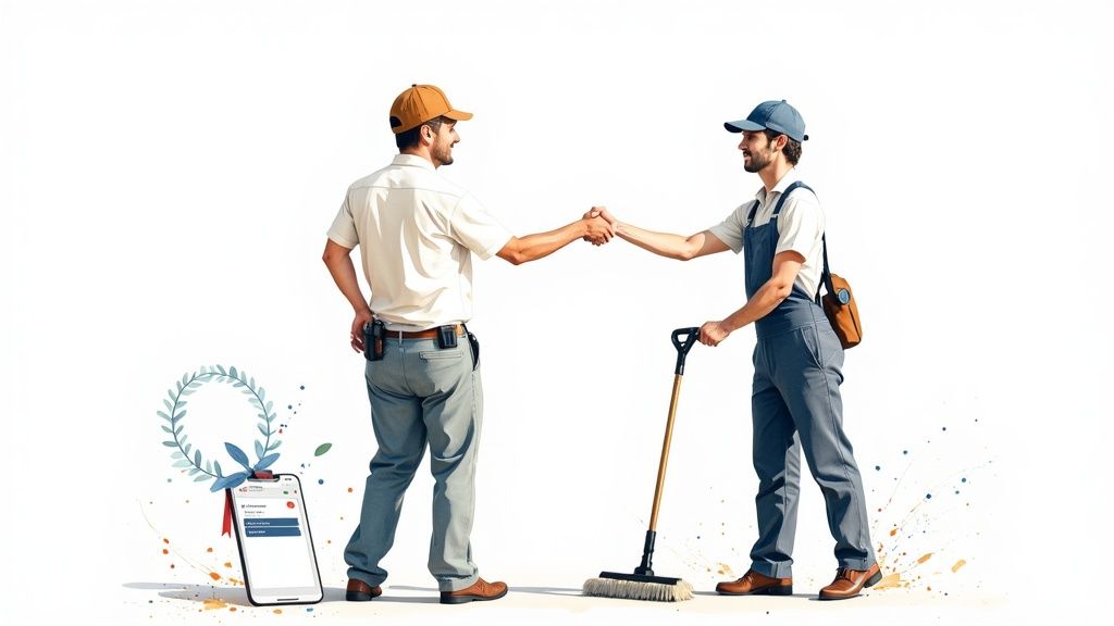 Two service professionals, one with a work belt and the other with a broom, shake hands next to a phone and wreath.