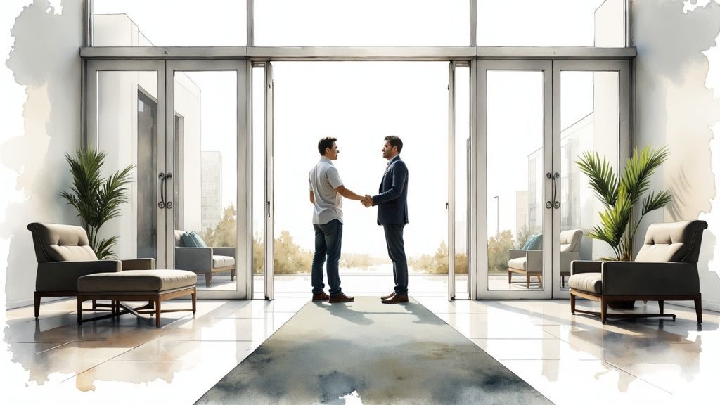 Two businessmen shaking hands in a sunlit, modern office space with floor-to-ceiling windows.