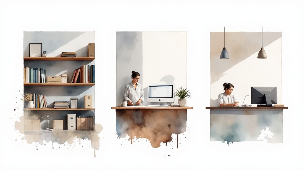 Watercolor illustration of three office scenes, including a bookshelf and women working at desks.
