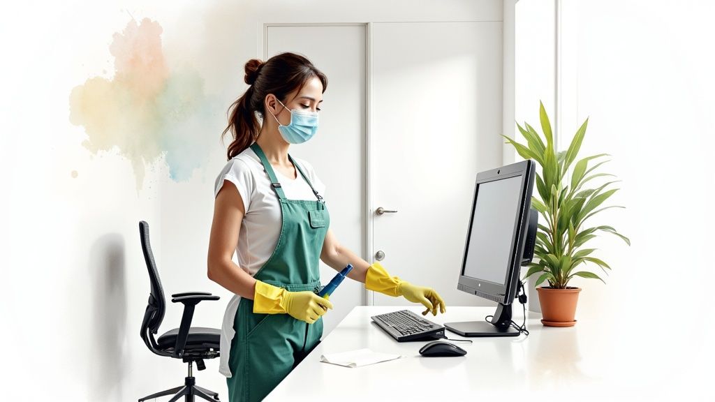 A masked cleaner in yellow gloves and green apron disinfects an office desk.