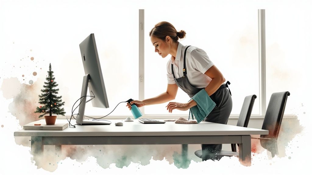 Master christimas office cleaning with simple, proven tips to prep, tidy, and hire pros for a sparkling holiday workspace.