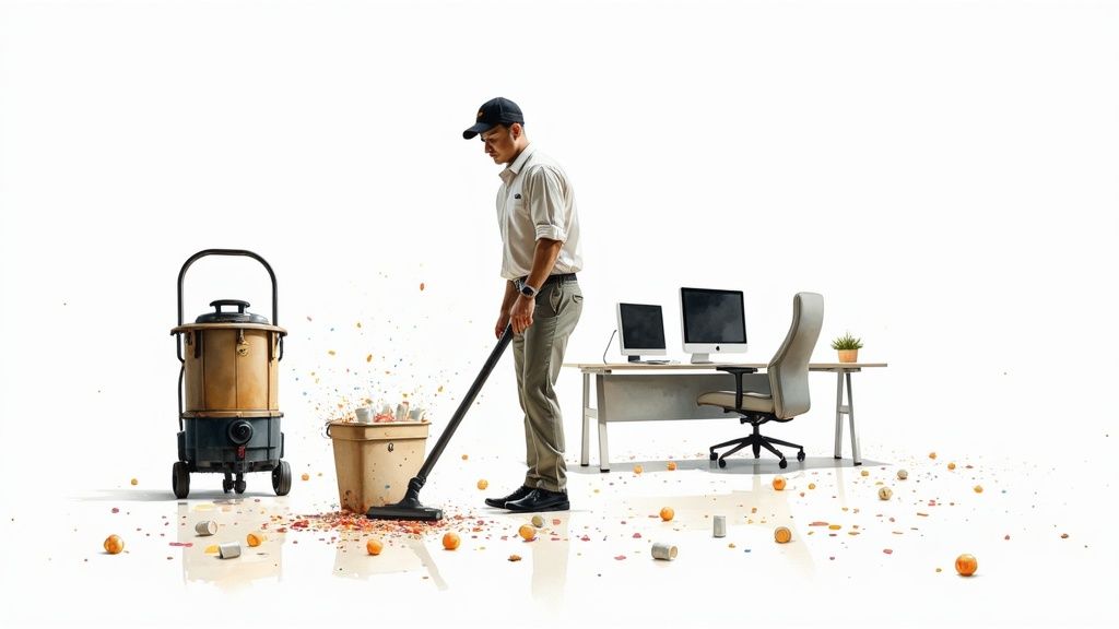 A man vacuums colorful confetti, cups, and orange balls on a white office floor.