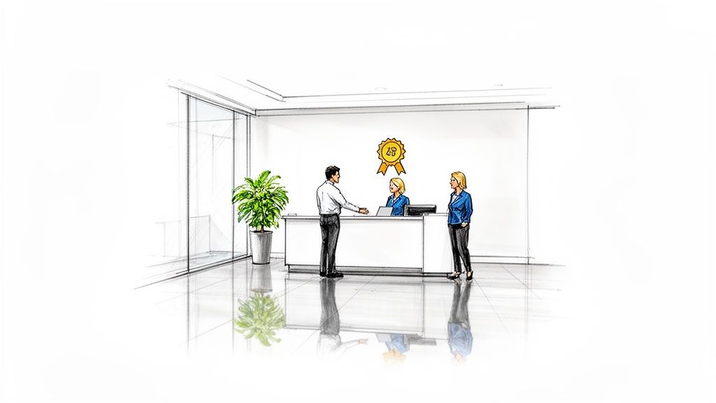 A professional office reception featuring three people interacting at a clean, modern desk.