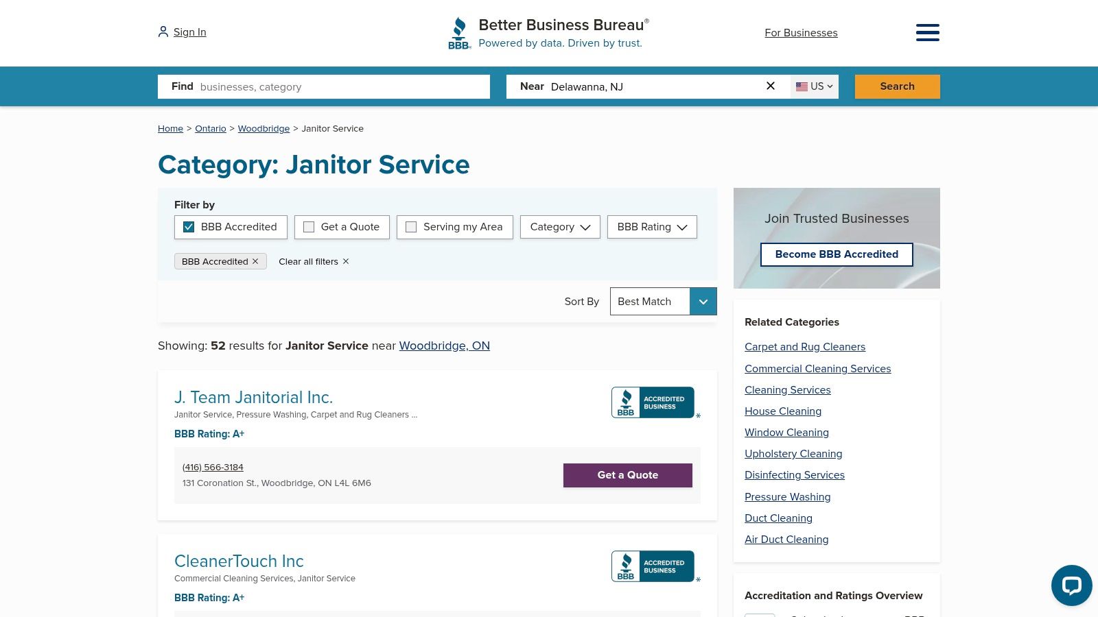 Better Business Bureau (BBB) — Accredited Janitor/Commercial Cleaning in Woodbridge