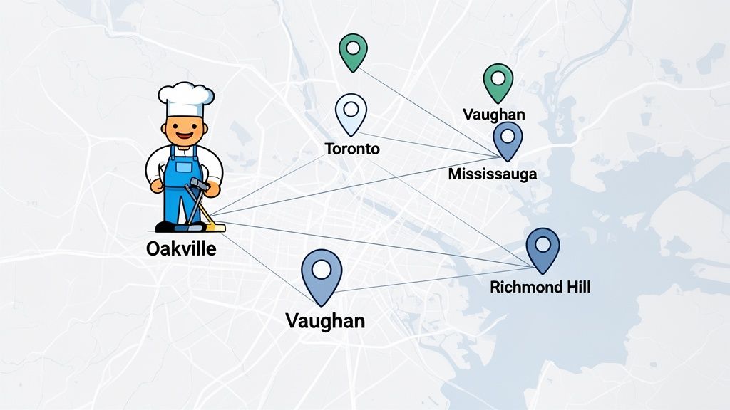 Map illustrating a cleaning service network from Oakville to various cities in Ontario.