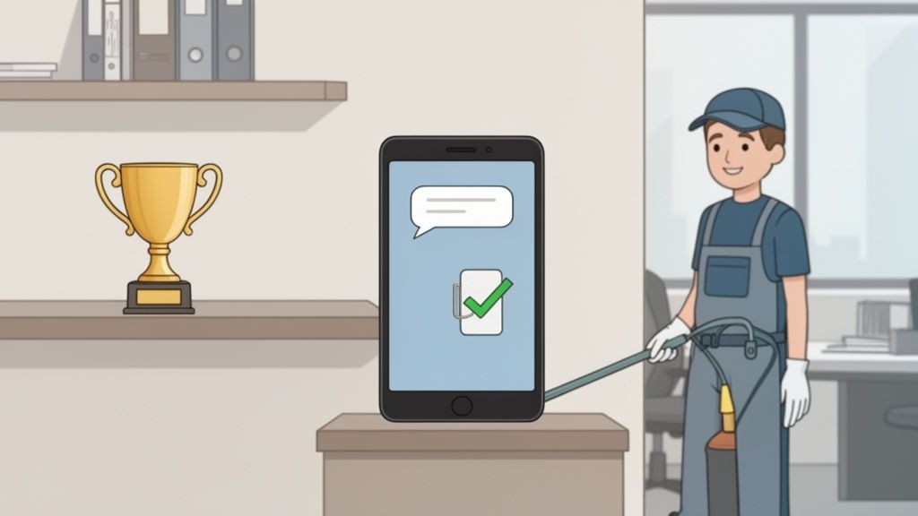 Cartoon cleaner in uniform checks smartphone with message and green checkmark in an office.