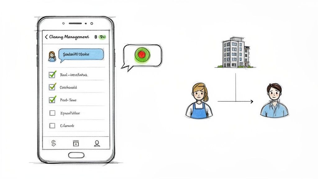 Mobile app displaying cleaning management tasks, a voice message icon, a building, a cleaner, and a client.