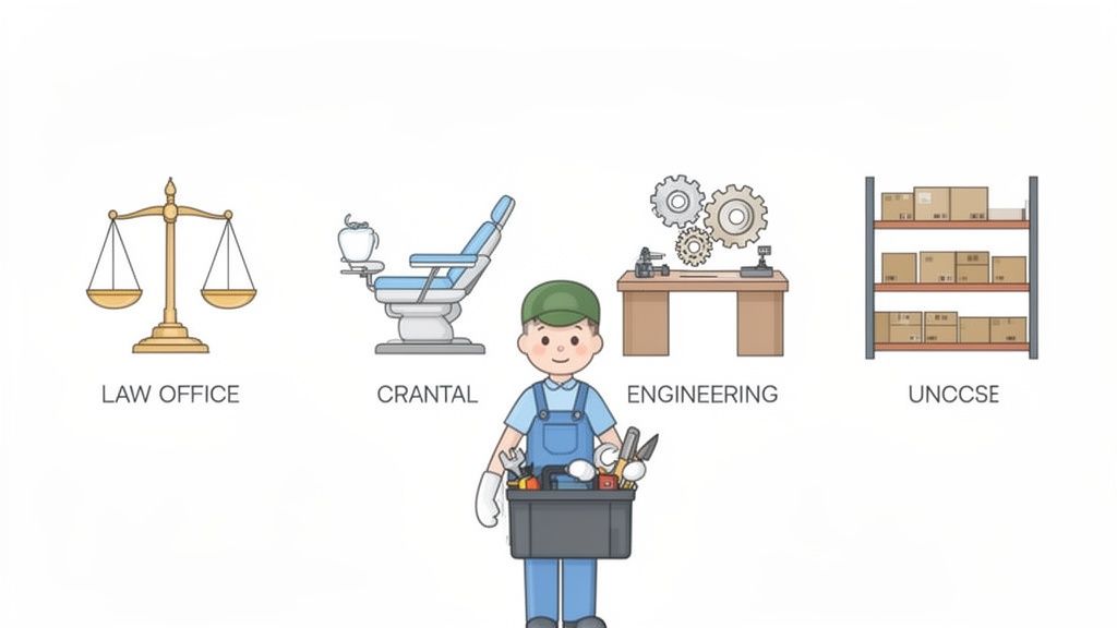 Cartoon handyman with toolbox serving diverse commercial locations: law office, dental, engineering, and warehouse facilities.