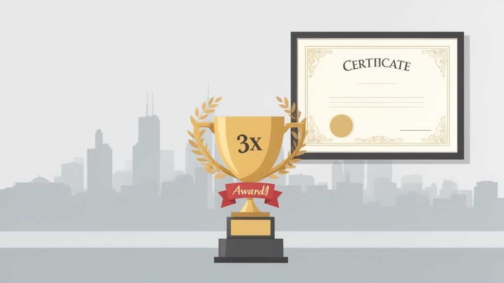 A golden trophy with a '3x' mark, 'Awards' ribbon, and a framed certificate against a city skyline.
