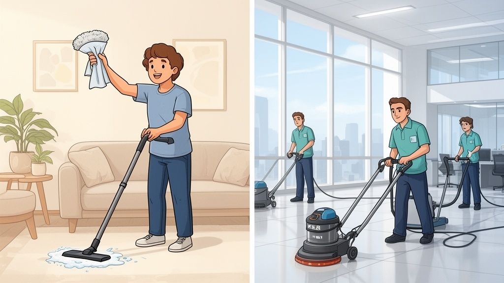 Discover what is the difference between cleaning and commercial cleaning?' Learn how scope, equipment, and standards differ for homes vs. facilities.