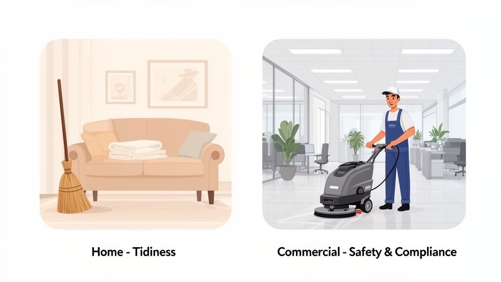Comparison of home tidiness with a broom and sofa, and commercial cleaning with a floor scrubber in an office.