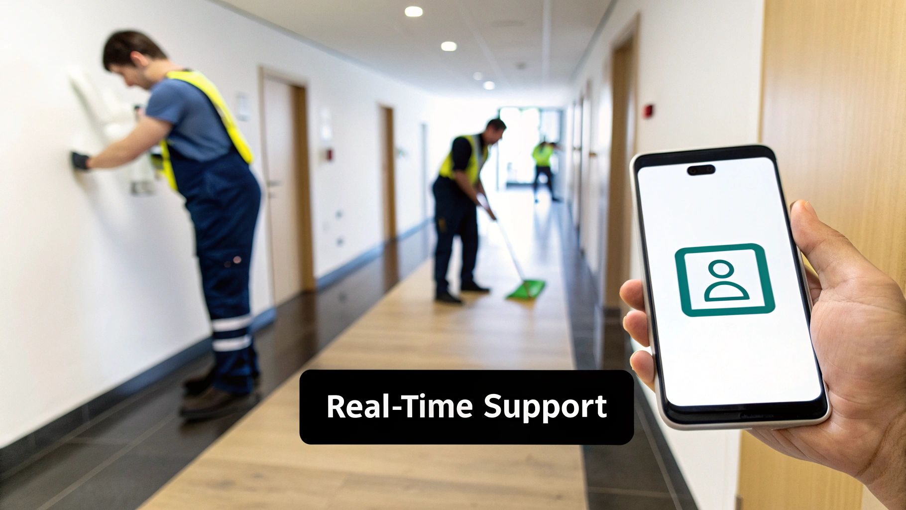 Janitors cleaning a bright hallway with a smartphone displaying a real-time support app.