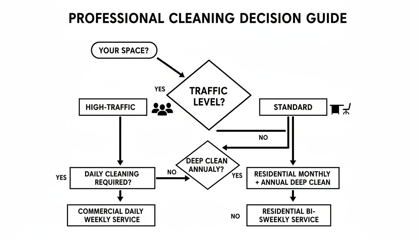 Flowchart guide to professional cleaning services, detailing decisions based on traffic level and cleaning frequency.