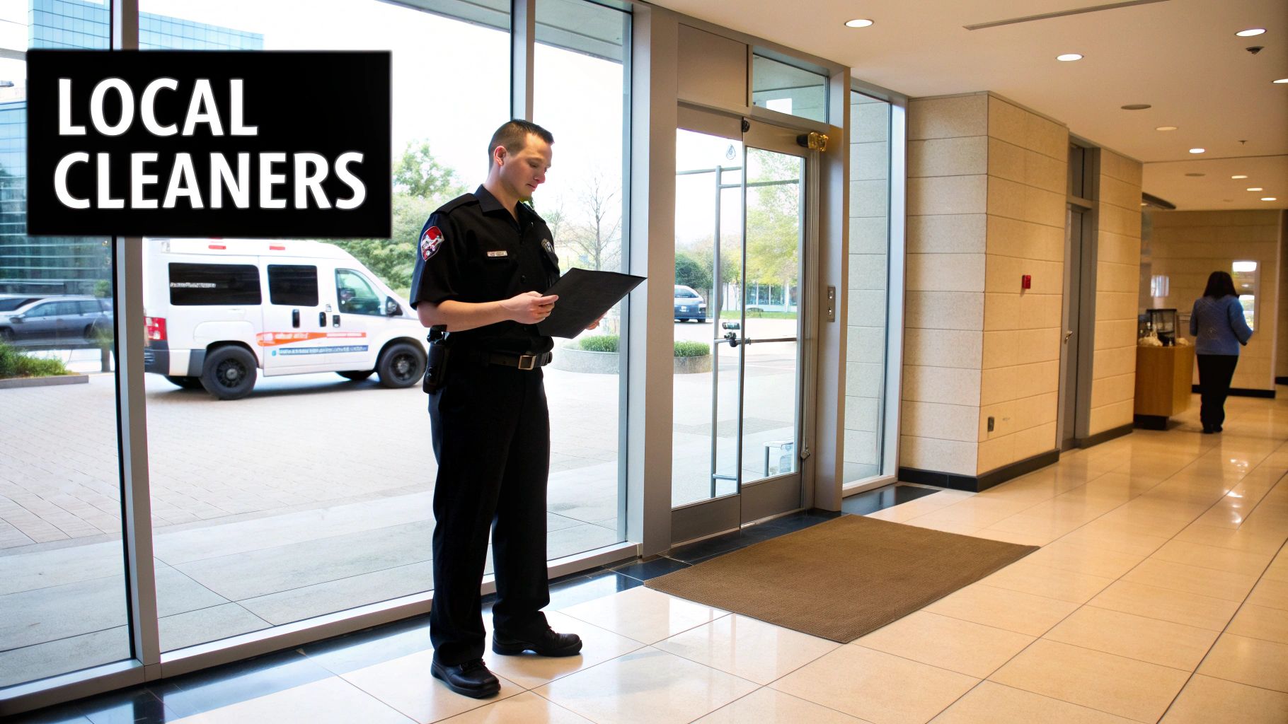 Security guard reviewing documents inside a building lobby, with a cleaner's van visible outside.