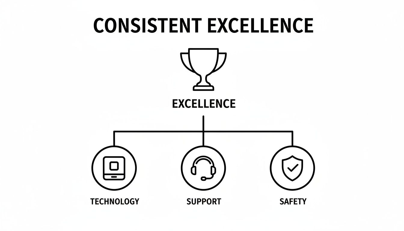 Diagram showing consistent excellence achieved through technology, support, and safety pillars.
