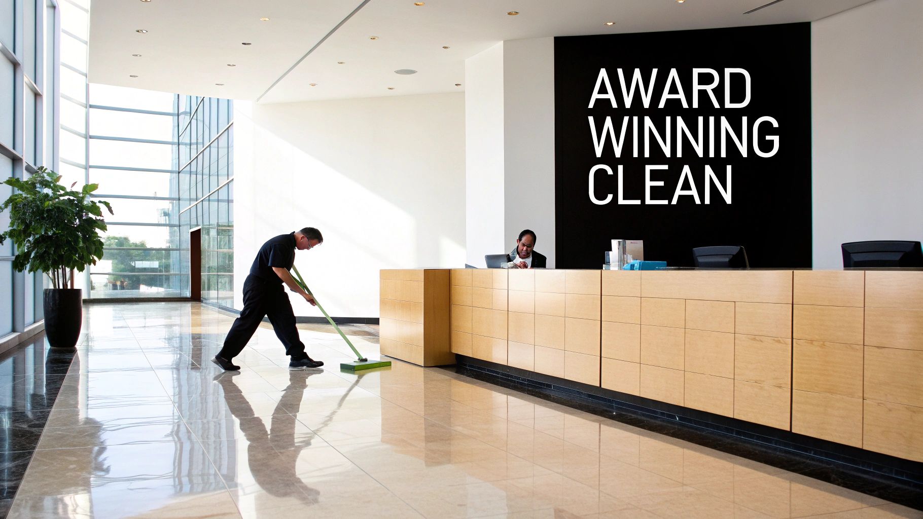 Man cleaning a modern office lobby floor with a green mop, beside a reception desk.