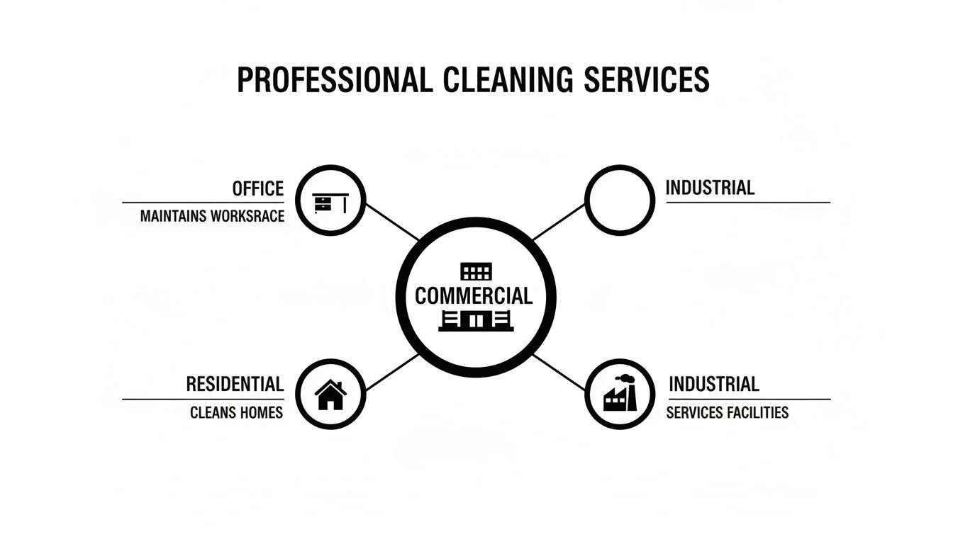 Diagram showing professional cleaning services for commercial, office, residential, and industrial sectors, detailing their scope.