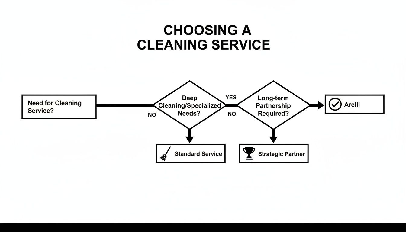 Flowchart guiding the selection of a cleaning service based on deep cleaning needs and partnership.