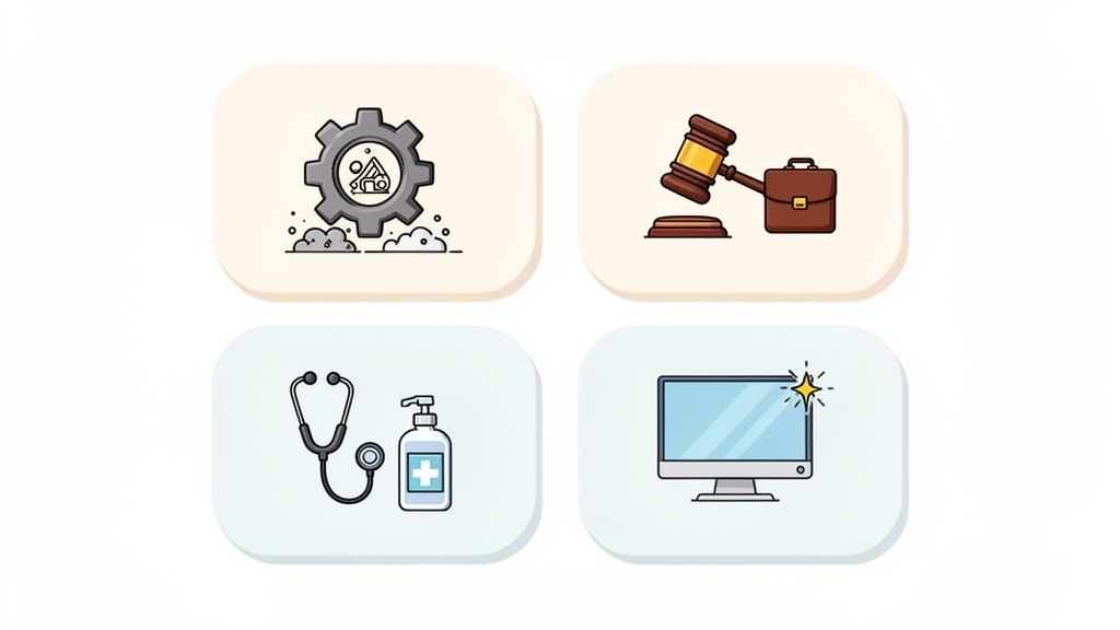 Four icons representing different services: cleaning, legal, medical, and technology.