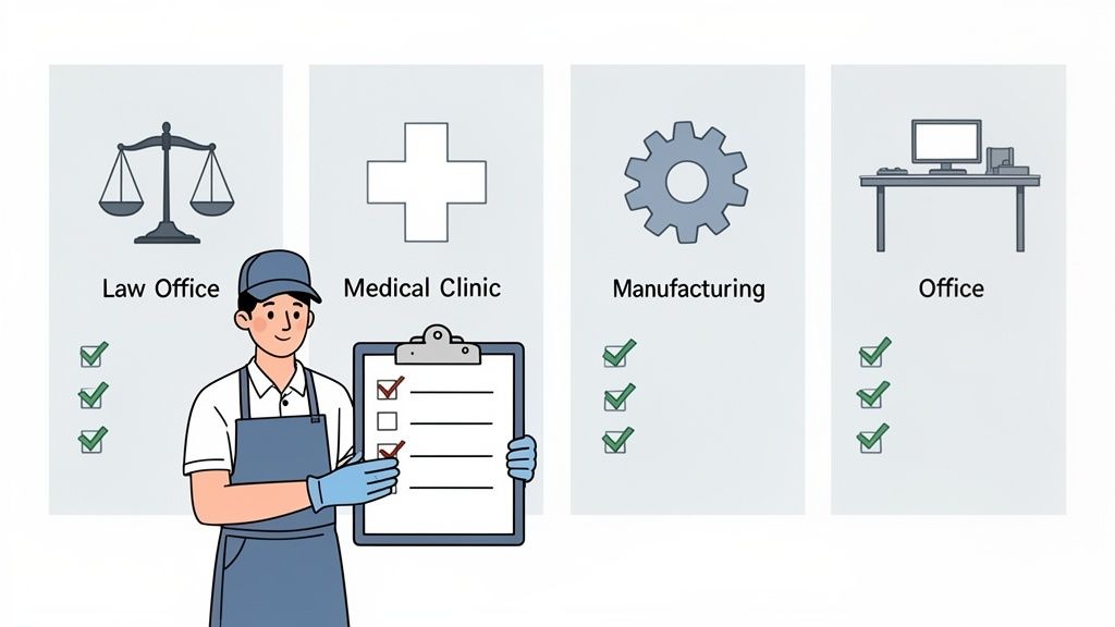 Professional cleaner with a checklist showing commercial cleaning services for law, medical, manufacturing, and office spaces.