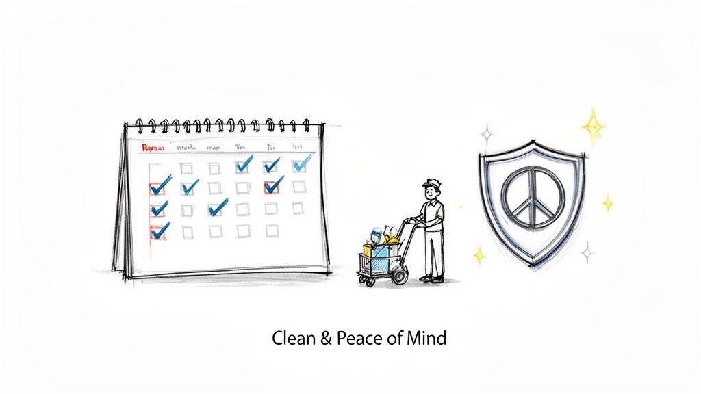 A calendar showing a cleaning schedule, a cleaner with a cart, and a peace shield, symbolizing clean and peace of mind.